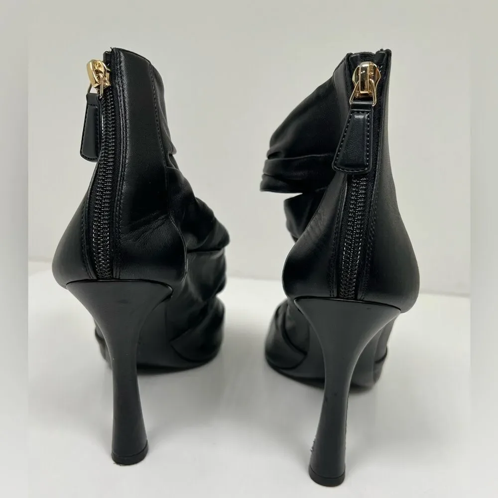 Chanel Ruched Open Toe Leather Camellia Booties Black